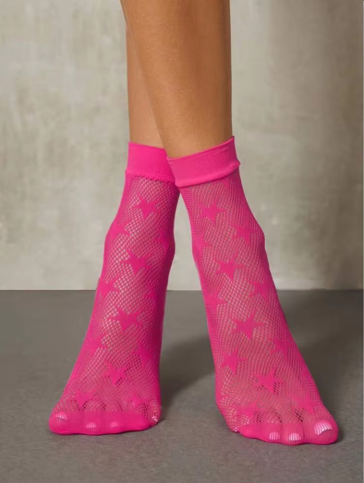 Women’s Hot Pink Sheer Mesh Ankle Socks with Star Pattern – Stretchy Casual Fashion Socks